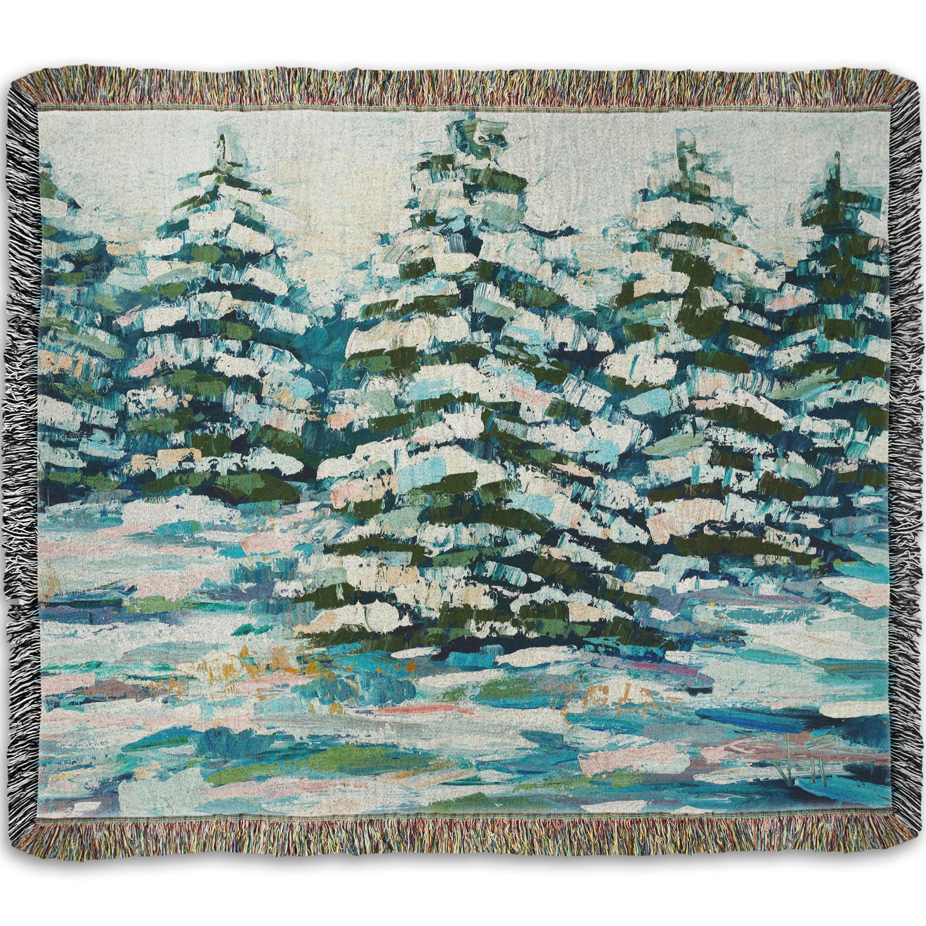 A woven throw blanket decorated with the print of a painting of a snowy evergreen forest, textured with thick layers of paint. 