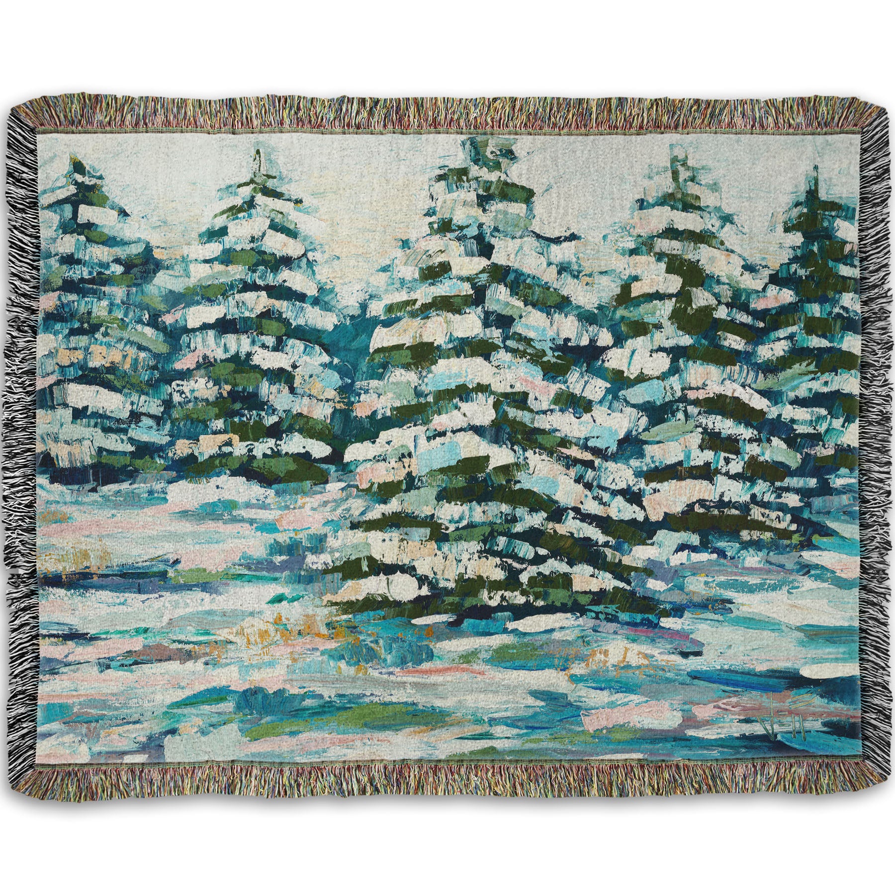 A woven throw blanket decorated with the print of a painting of a snowy evergreen forest, textured with thick layers of paint. 
