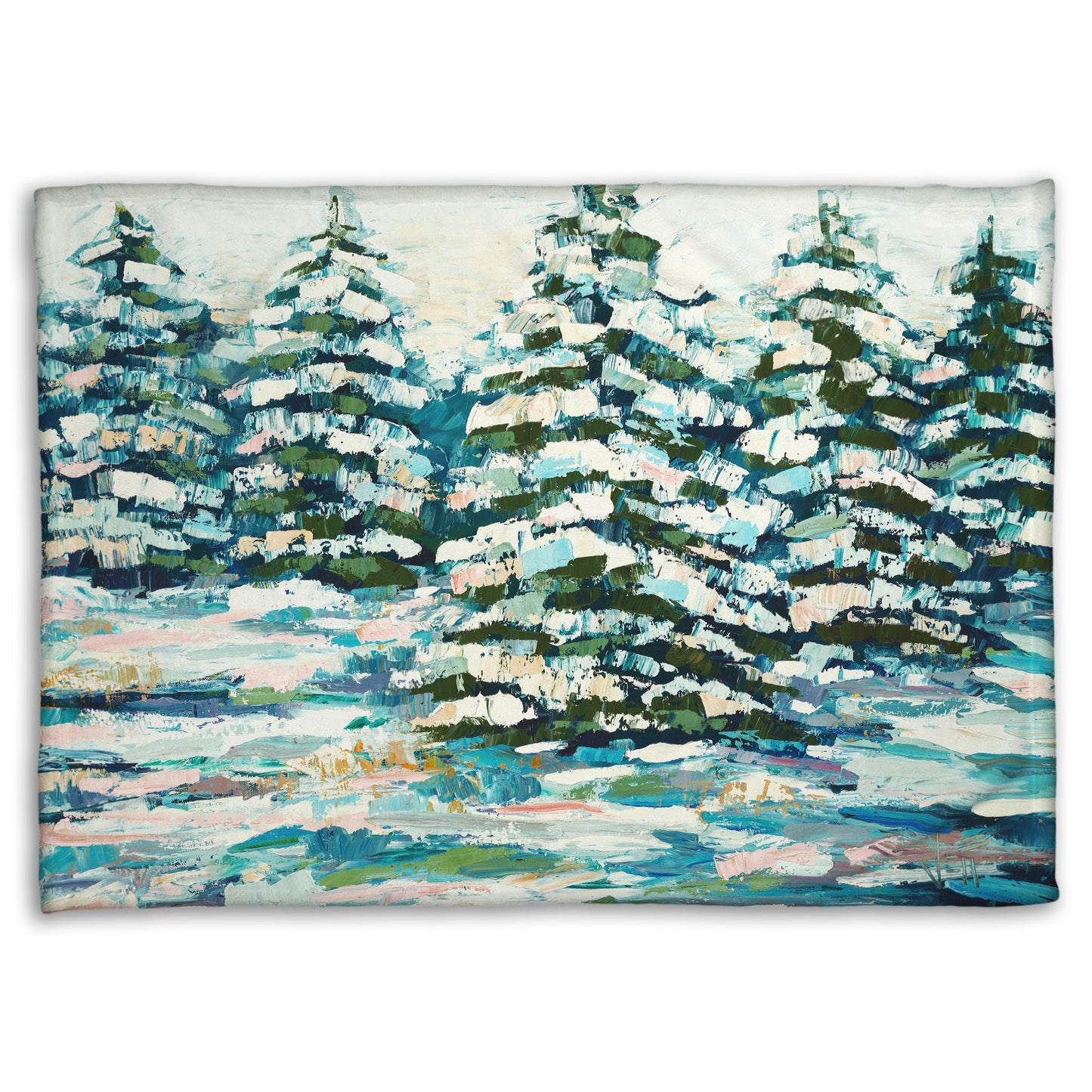 A coral fleece blanket decorated with the print of a painting of a snowy evergreen forest, textured with thick layers of paint. 