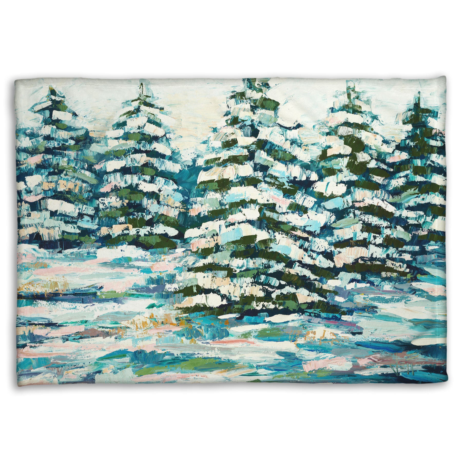A coral fleece blanket decorated with the print of a painting of a snowy evergreen forest, textured with thick layers of paint. 