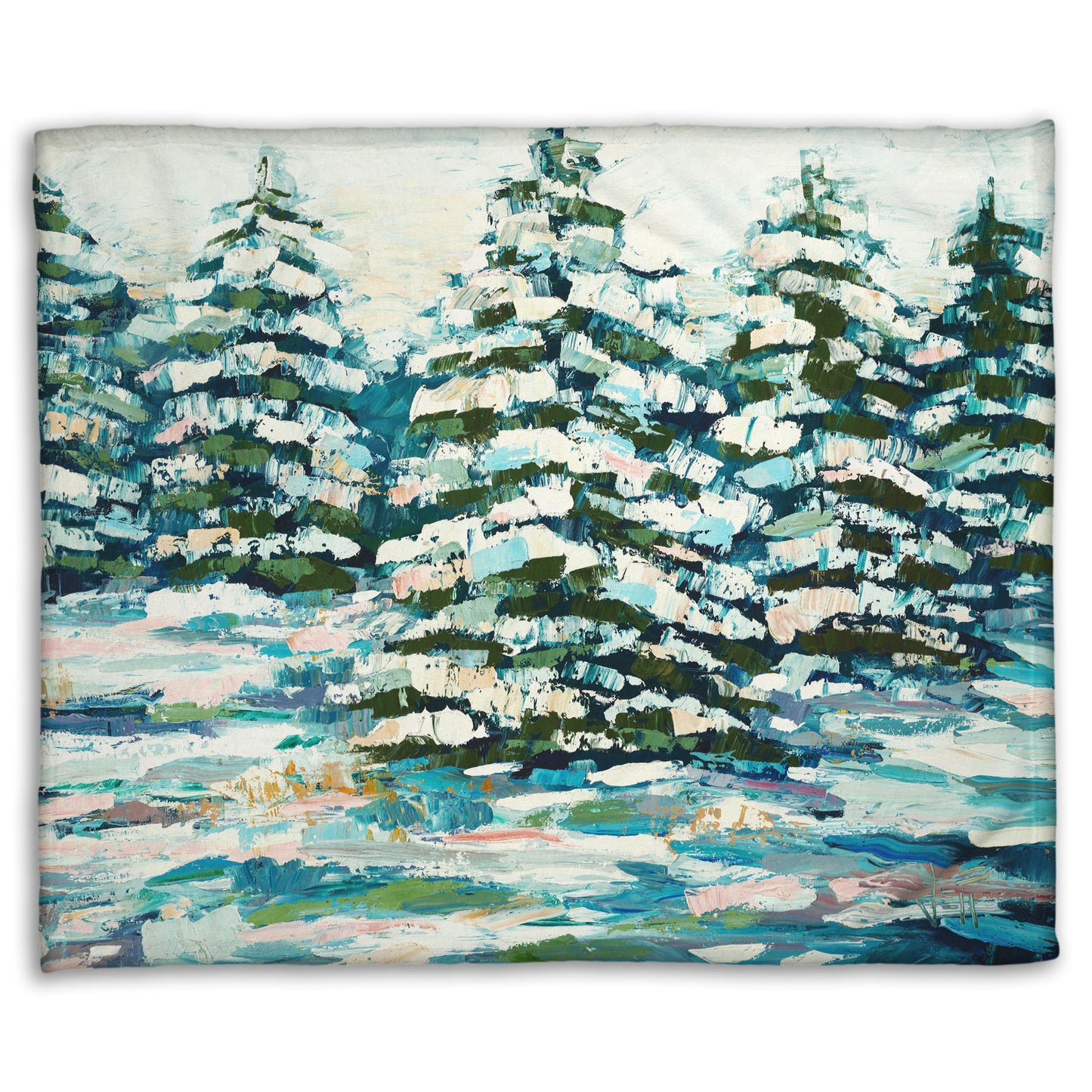 A coral fleece blanket decorated with the print of a painting of a snowy evergreen forest, textured with thick layers of paint. 