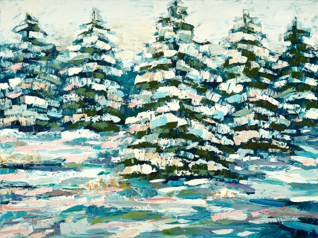 A painting of a snowy evergreen forest, textured with thick layers of paint. 