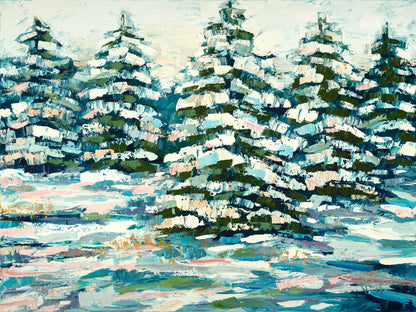 A painting of a snowy evergreen forest, textured with thick layers of paint. 