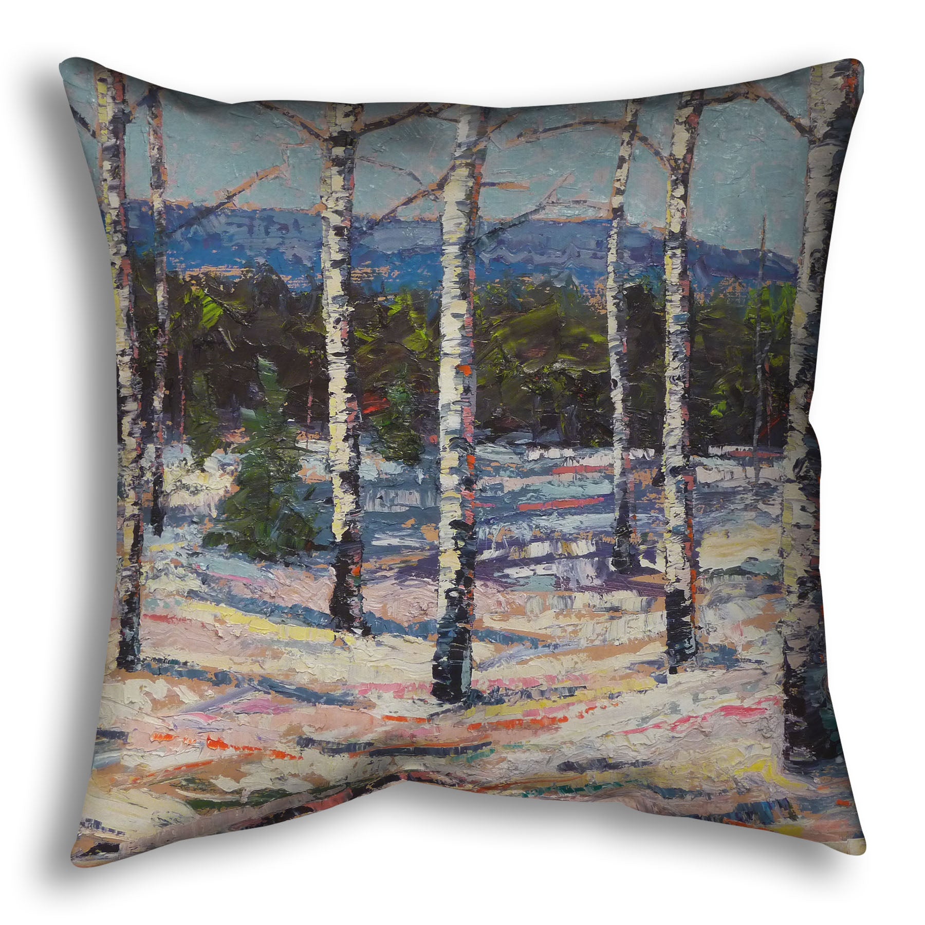 Throw pillow printed with a painting of birch trees in a snowy landscape with mountains in the background.