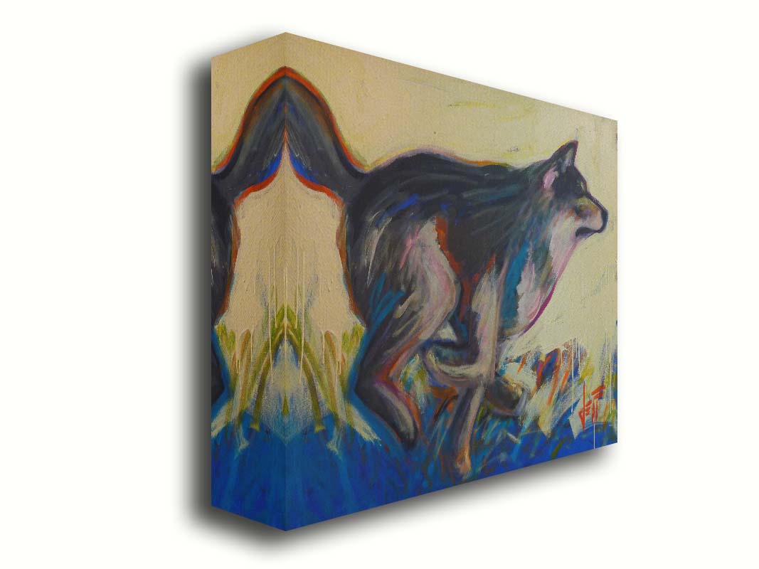 A painting of a running wolf created with dynamic brushstrokes and eye-catching colors, with reds and blues highlighting the edges. Printed on canvas.