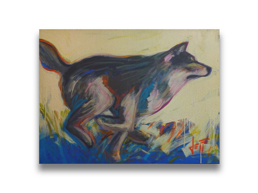 A painting of a running wolf created with dynamic brushstrokes and eye-catching colors, with reds and blues highlighting the edges. Printed on canvas.