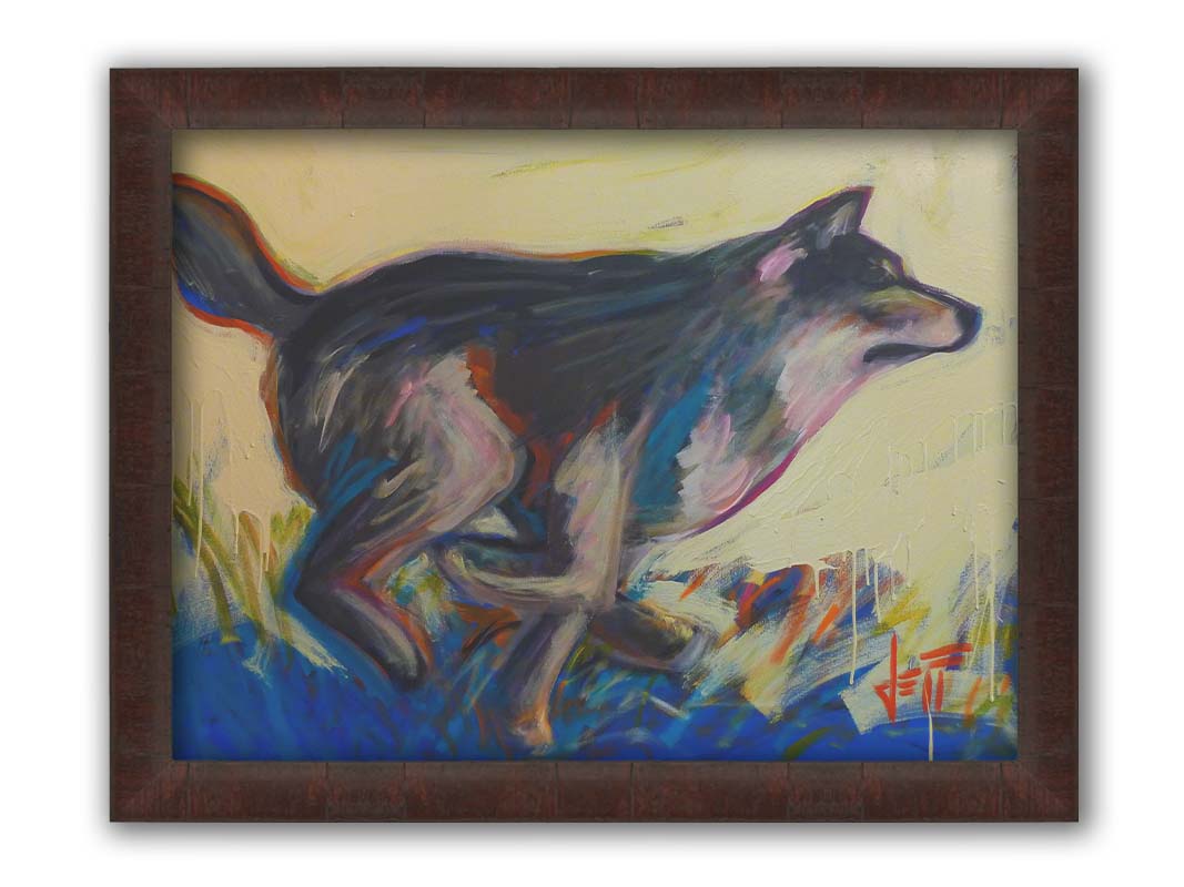 A painting of a running wolf created with dynamic brushstrokes and eye-catching colors, with reds and blues highlighting the edges. Printed on canvas and framed.