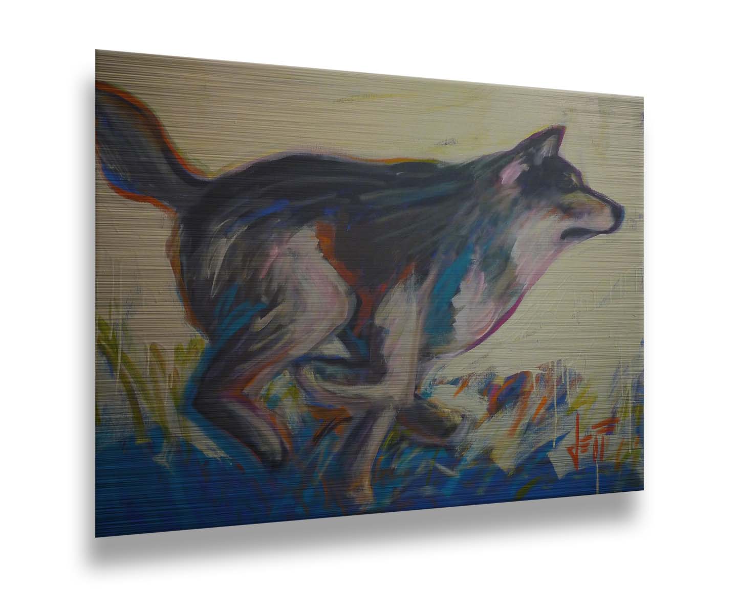 A painting of a running wolf created with dynamic brushstrokes and eye-catching colors, with reds and blues highlighting the edges. Printed on metal.