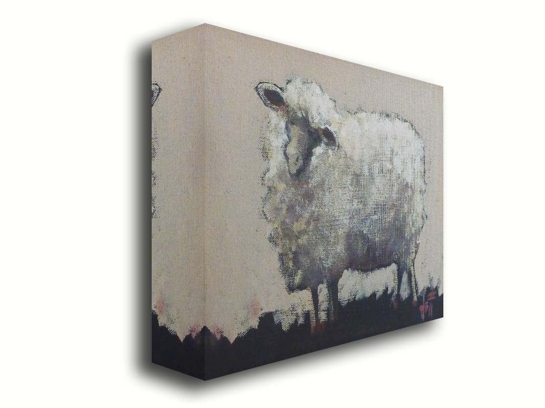 A stylized portrait painting of a fluffy sheep, with textures and use of color that emphasize the volume of the white wool. It stands on black grass with an off-white background. Printed on canvas.