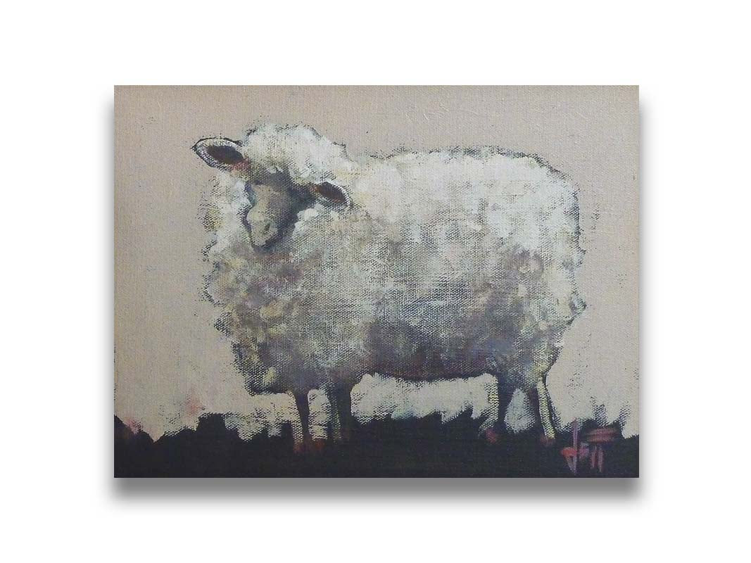 A stylized portrait painting of a fluffy sheep, with textures and use of color that emphasize the volume of the white wool. It stands on black grass with an off-white background. Printed on canvas.