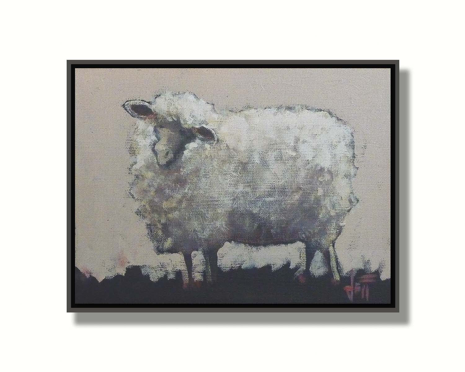 A stylized portrait painting of a fluffy sheep, with textures and use of color that emphasize the volume of the white wool. It stands on black grass with an off-white background. Printed on canvas in a float frame.