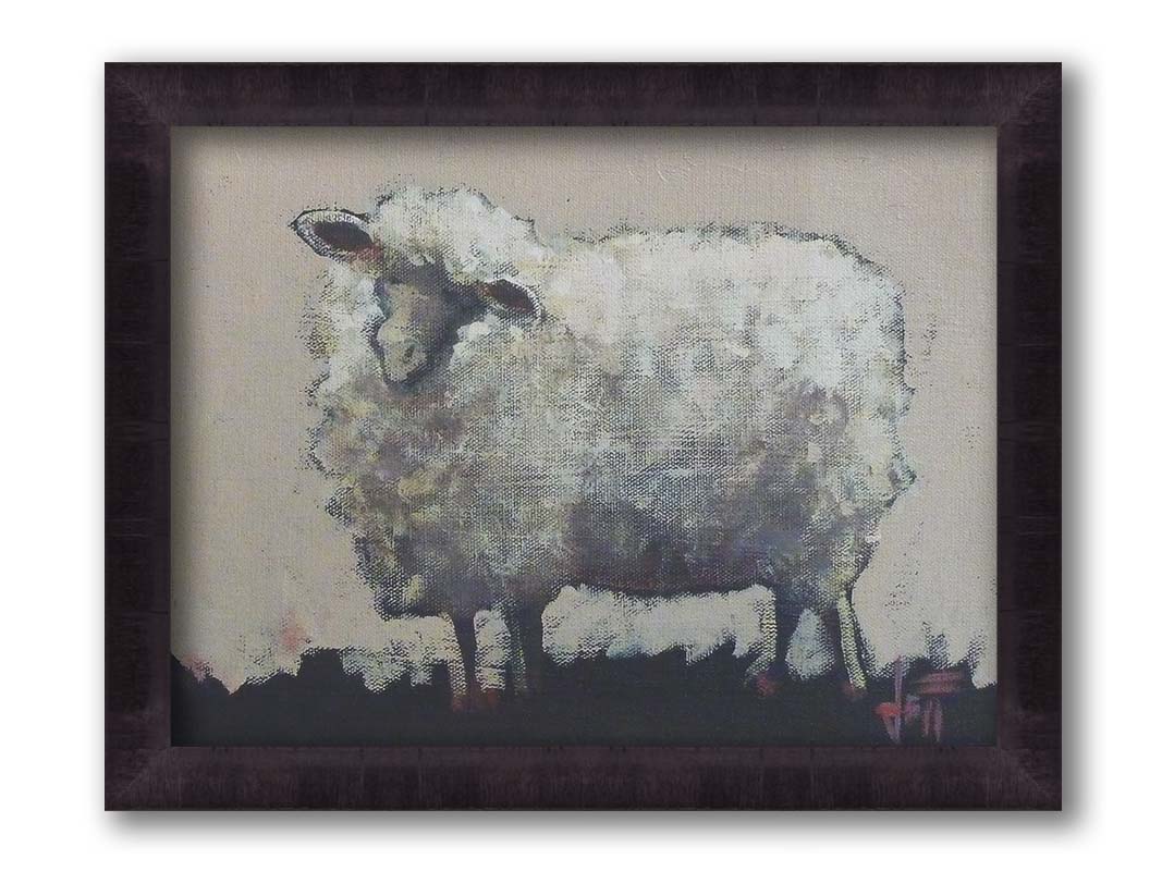 A stylized portrait painting of a fluffy sheep, with textures and use of color that emphasize the volume of the white wool. It stands on black grass with an off-white background. Printed on canvas and framed.