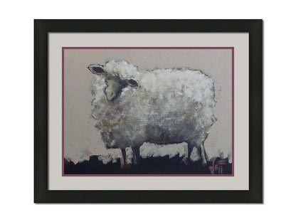 A stylized portrait painting of a fluffy sheep, with textures and use of color that emphasize the volume of the white wool. It stands on black grass with an off-white background. Printed on paper, matted, and framed.