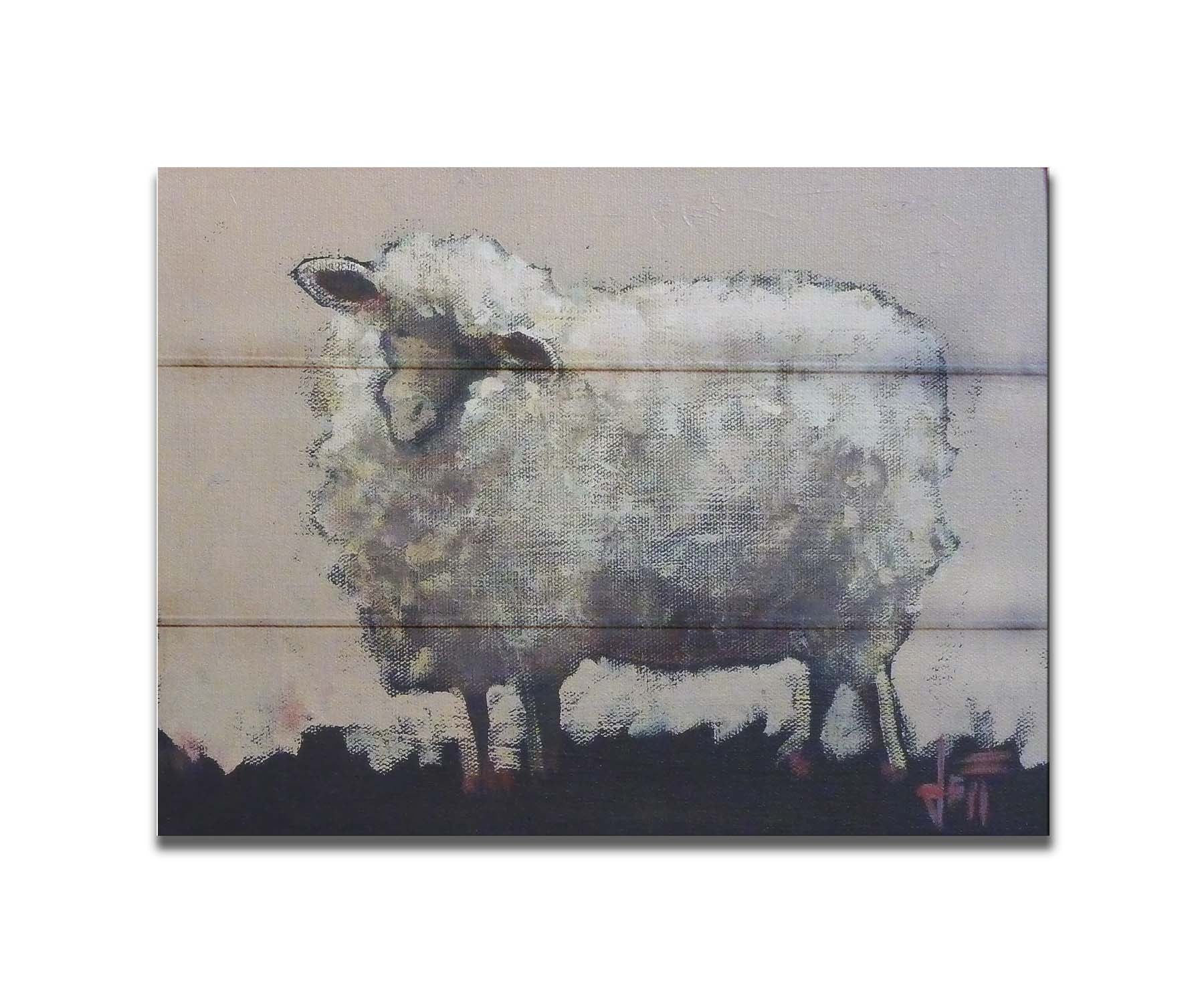 A stylized portrait painting of a fluffy sheep, with textures and use of color that emphasize the volume of the white wool. It stands on black grass with an off-white background. Printed on a box board.