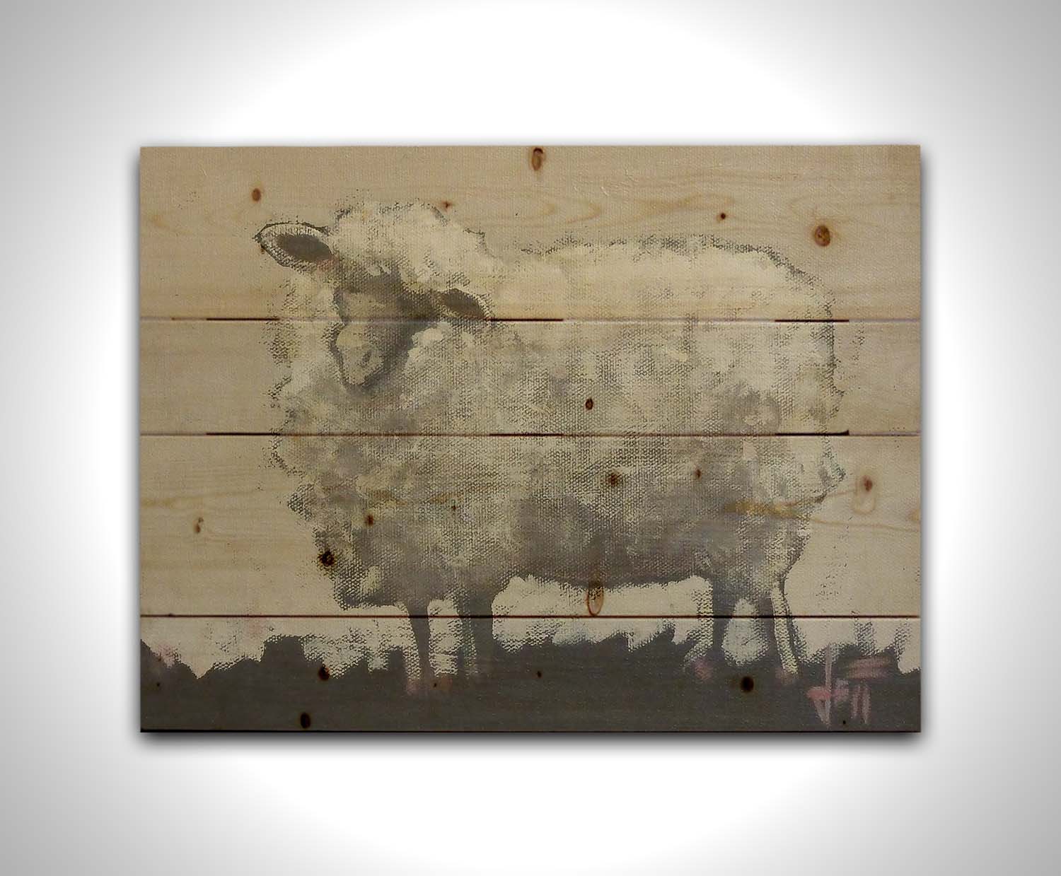 A stylized portrait painting of a fluffy sheep, with textures and use of color that emphasize the volume of the white wool. It stands on black grass with an off-white background. Printed on a wood pallet.