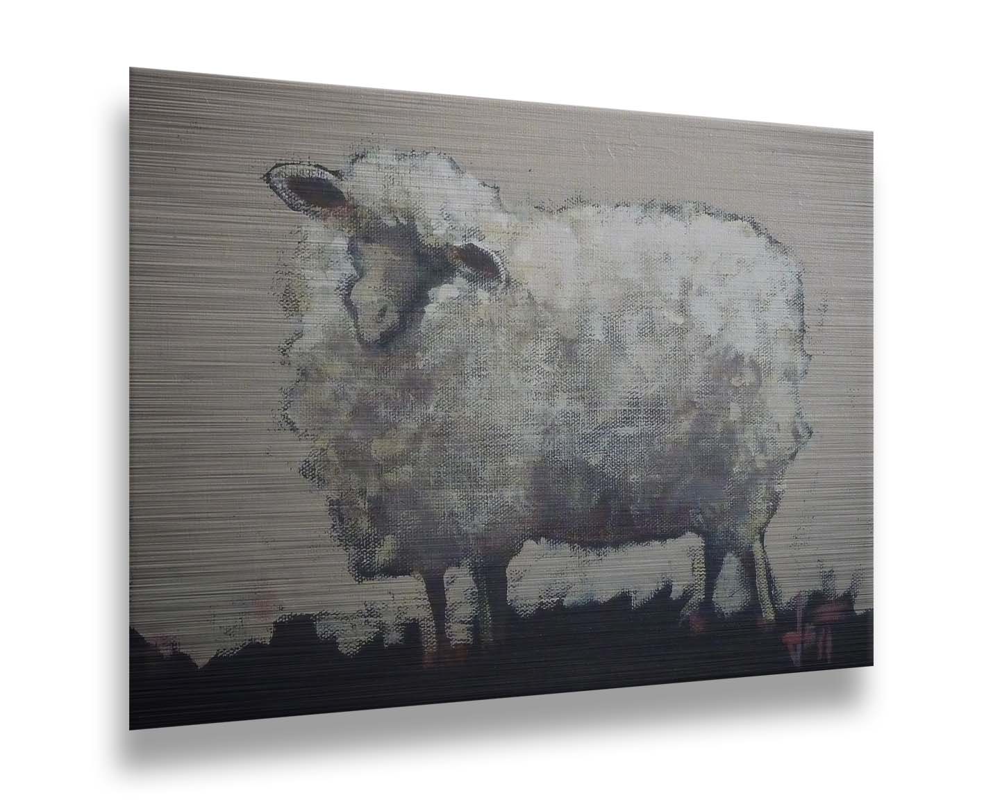 A stylized portrait painting of a fluffy sheep, with textures and use of color that emphasize the volume of the white wool. It stands on black grass with an off-white background. Printed on metal.