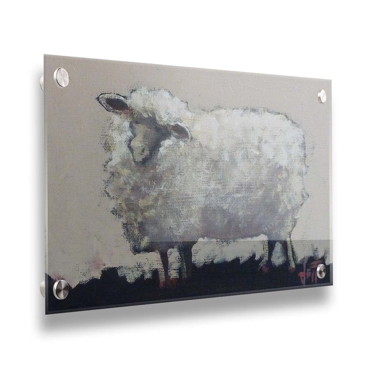 A stylized portrait painting of a fluffy sheep, with textures and use of color that emphasize the volume of the white wool. It stands on black grass with an off-white background. Printed on acrylic.