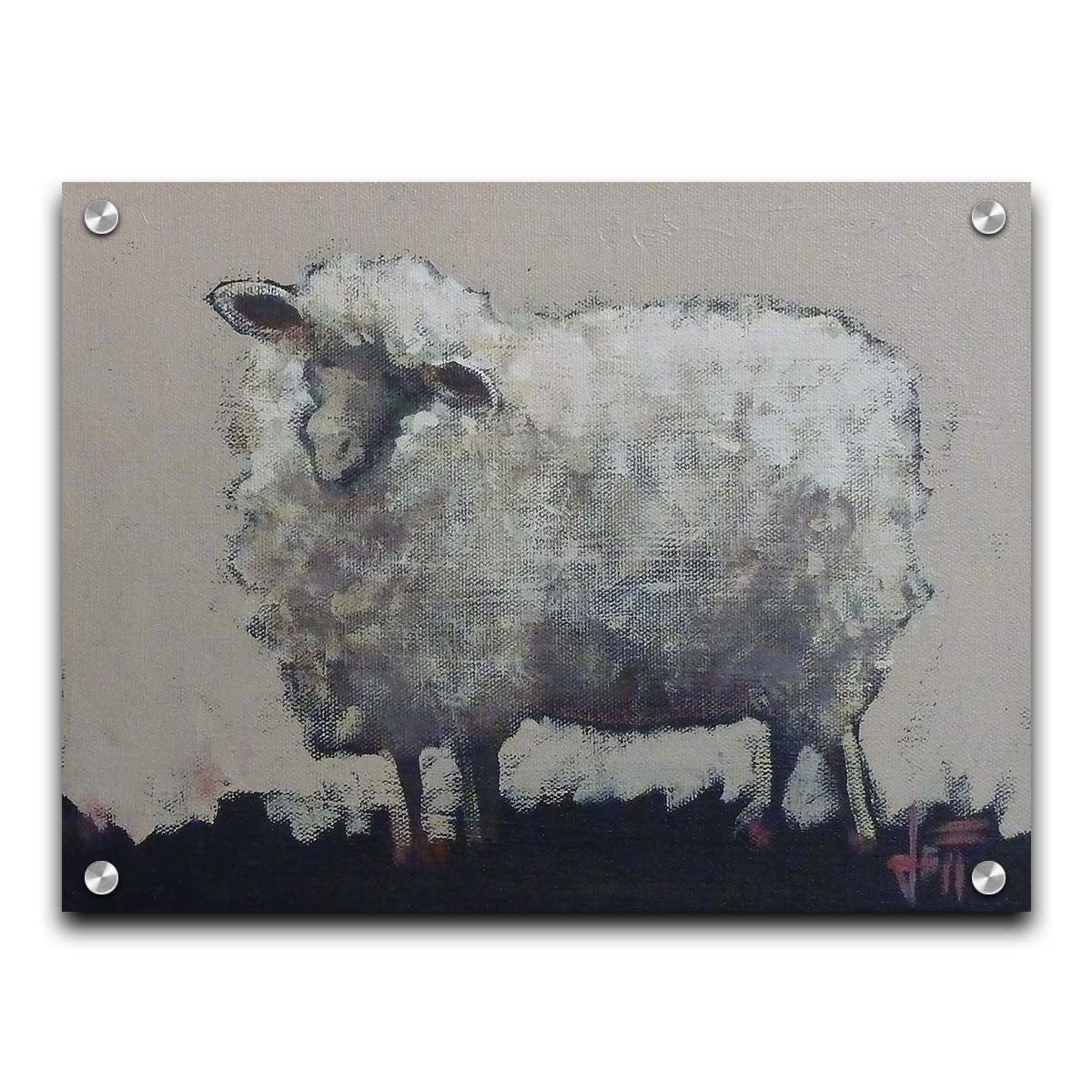 A stylized portrait painting of a fluffy sheep, with textures and use of color that emphasize the volume of the white wool. It stands on black grass with an off-white background. Printed on acrylic.