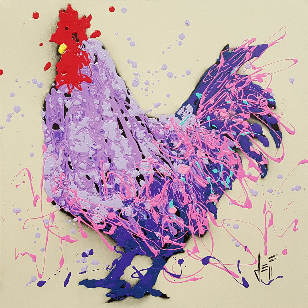 A drip painting of a rooster in shades of purple, pink, and blue against an off-white background.