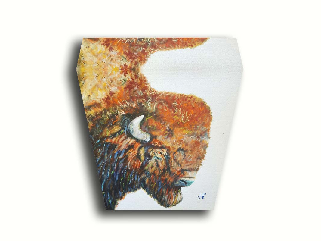 A portrait of a brown American bison with vibrant blue highlights on a neutral background. Printed on canvas.