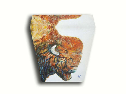 A portrait of a brown American bison with vibrant blue highlights on a neutral background. Printed on canvas.