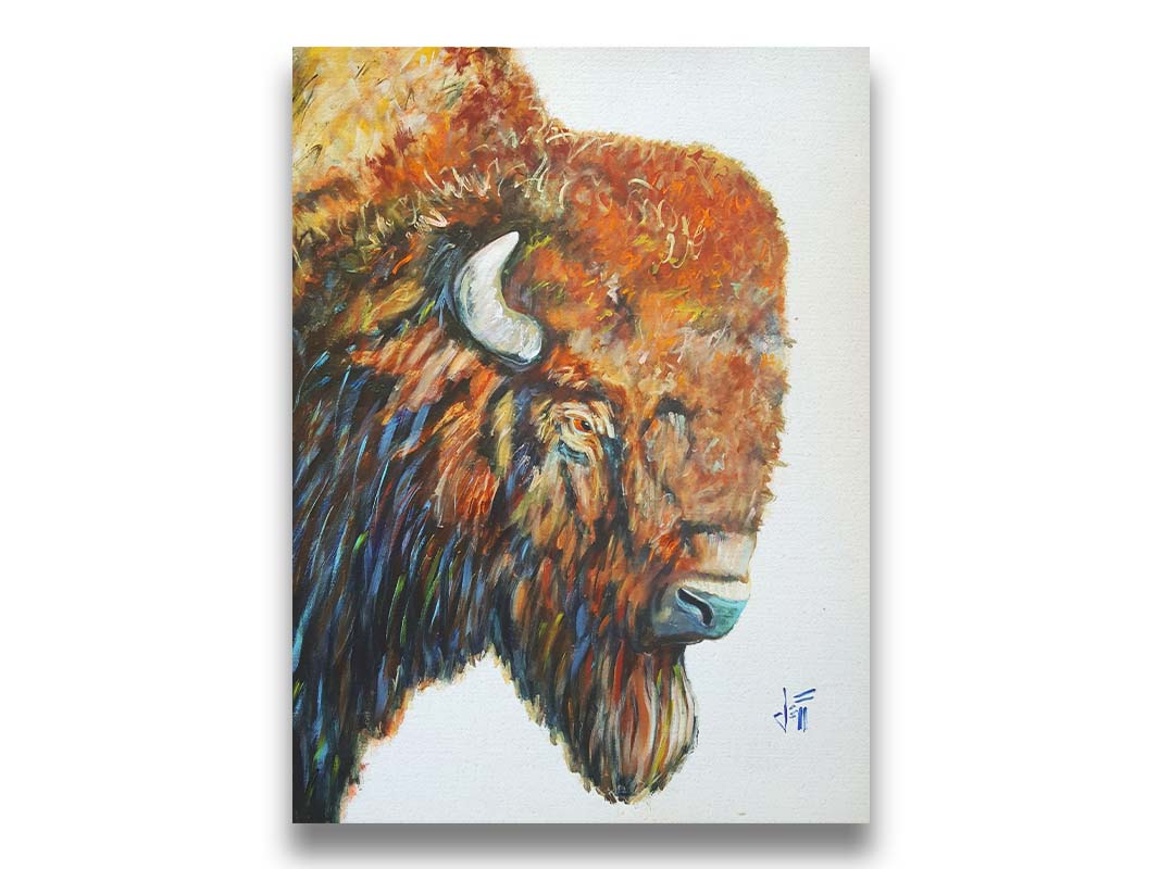 A portrait of a brown American bison with vibrant blue highlights on a neutral background. Printed on canvas.