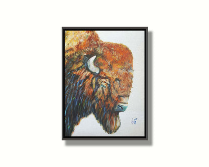 A portrait of a brown American bison with vibrant blue highlights on a neutral background. Printed on canvas in a float frame.