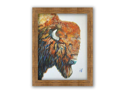 A portrait of a brown American bison with vibrant blue highlights on a neutral background. Printed on canvas and framed.