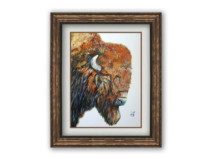 A portrait of a brown American bison with vibrant blue highlights on a neutral background. Printed on paper, matted, and framed.