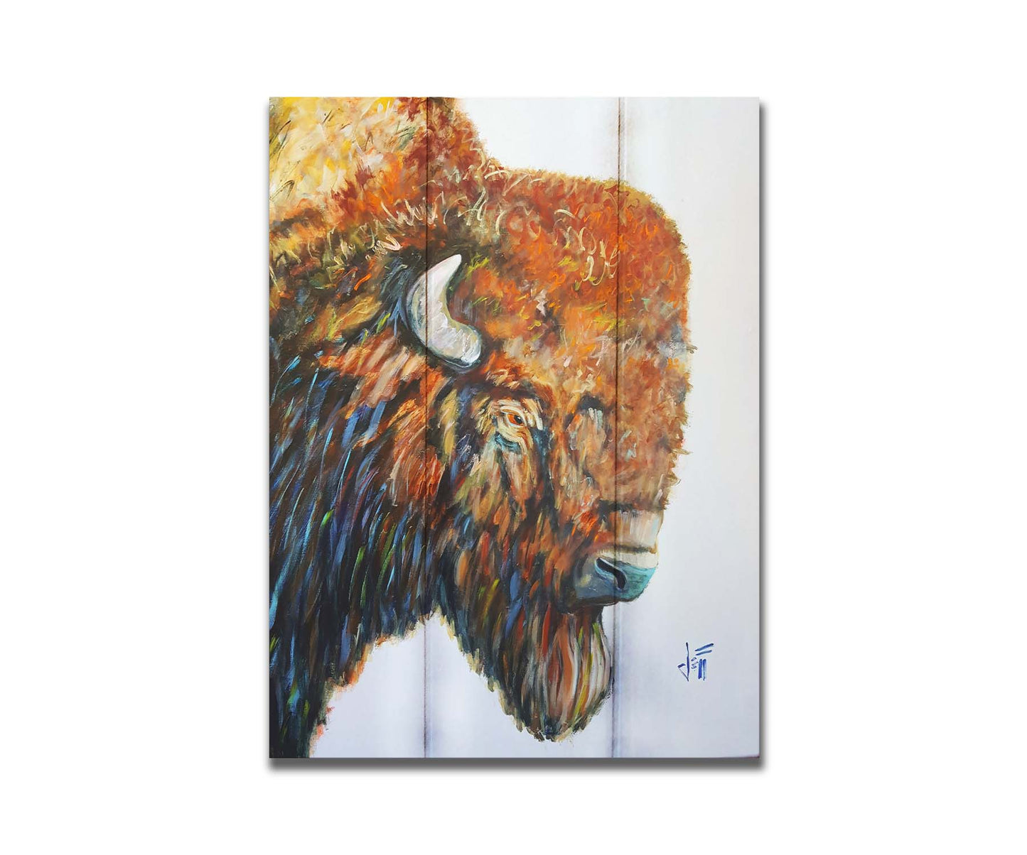 A portrait of a brown American bison with vibrant blue highlights on a neutral background. Printed on a box board.