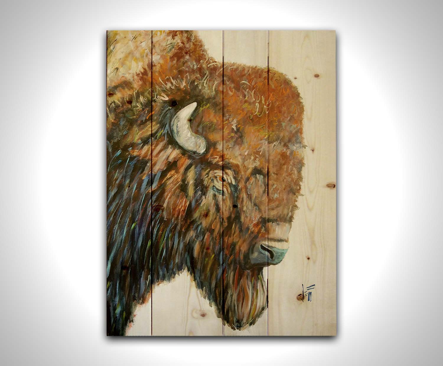 A portrait of a brown American bison with vibrant blue highlights on a neutral background. Printed on a wood pallet.