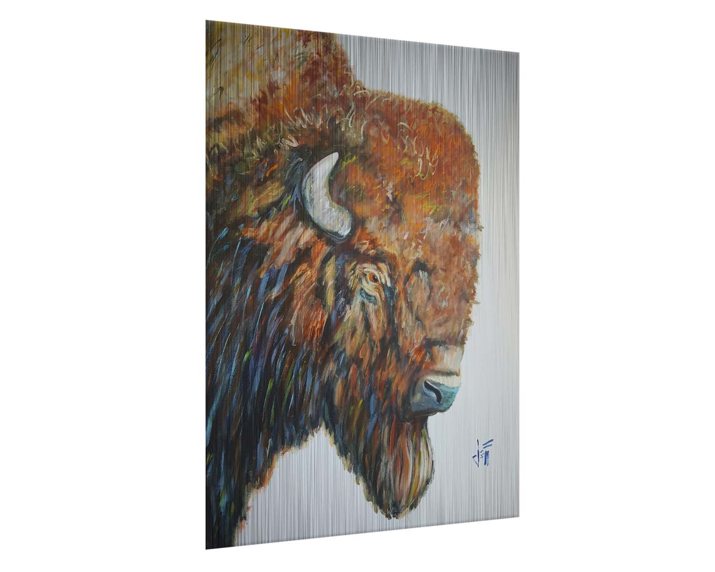 A portrait of a brown American bison with vibrant blue highlights on a neutral background. Printed on metal.