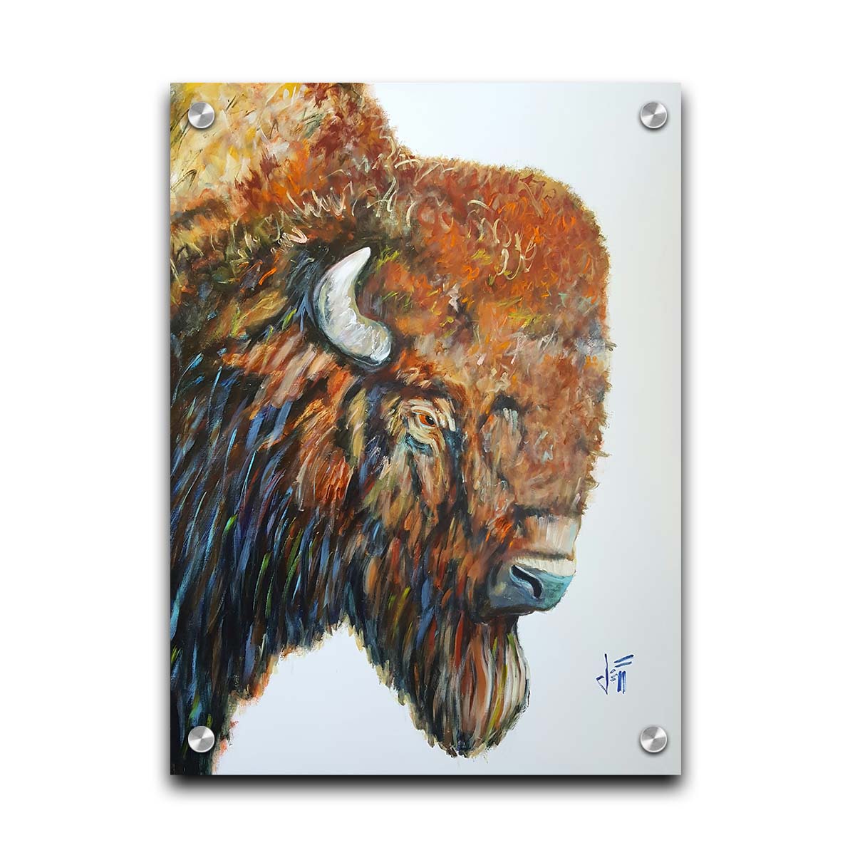 A portrait of a brown American bison with vibrant blue highlights on a neutral background. Printed on acrylic.