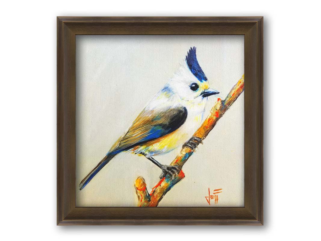 A painting of a titmouse bird with white, yellow, and gray feathers accented with blue perched on a stick, set against an off-white background. Printed on canvas and framed.