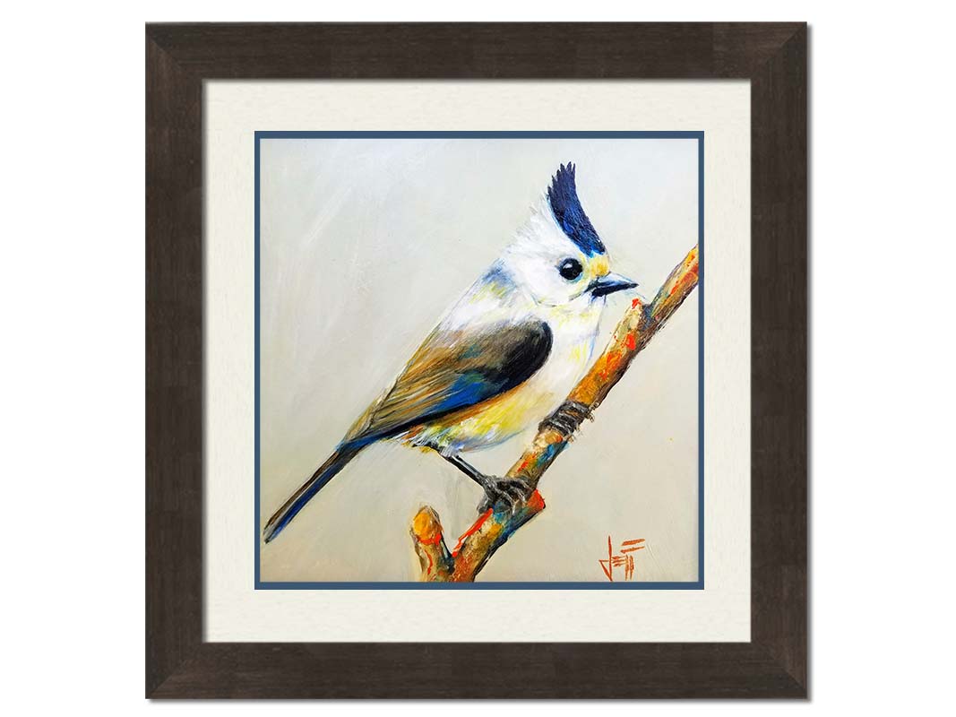 A painting of a titmouse bird with white, yellow, and gray feathers accented with blue perched on a stick, set against an off-white background. Printed on paper, matted, and framed.