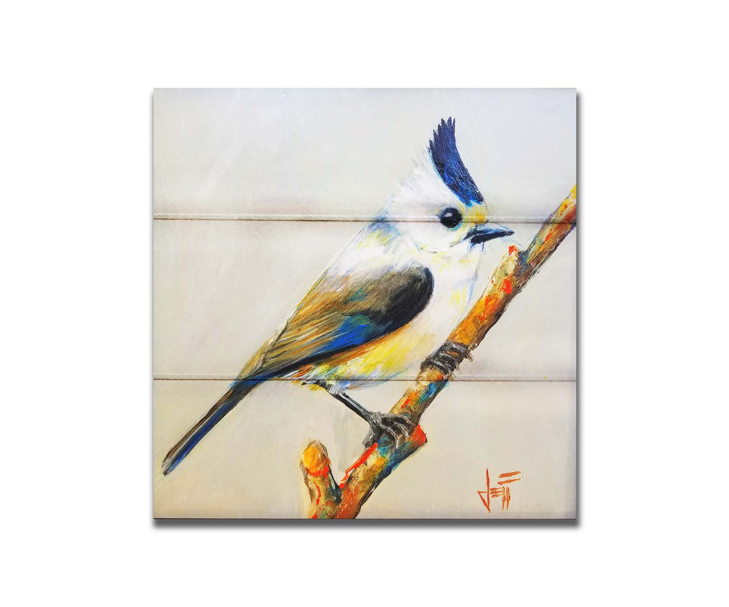 A painting of a titmouse bird with white, yellow, and gray feathers accented with blue perched on a stick, set against an off-white background. Printed on a box board.