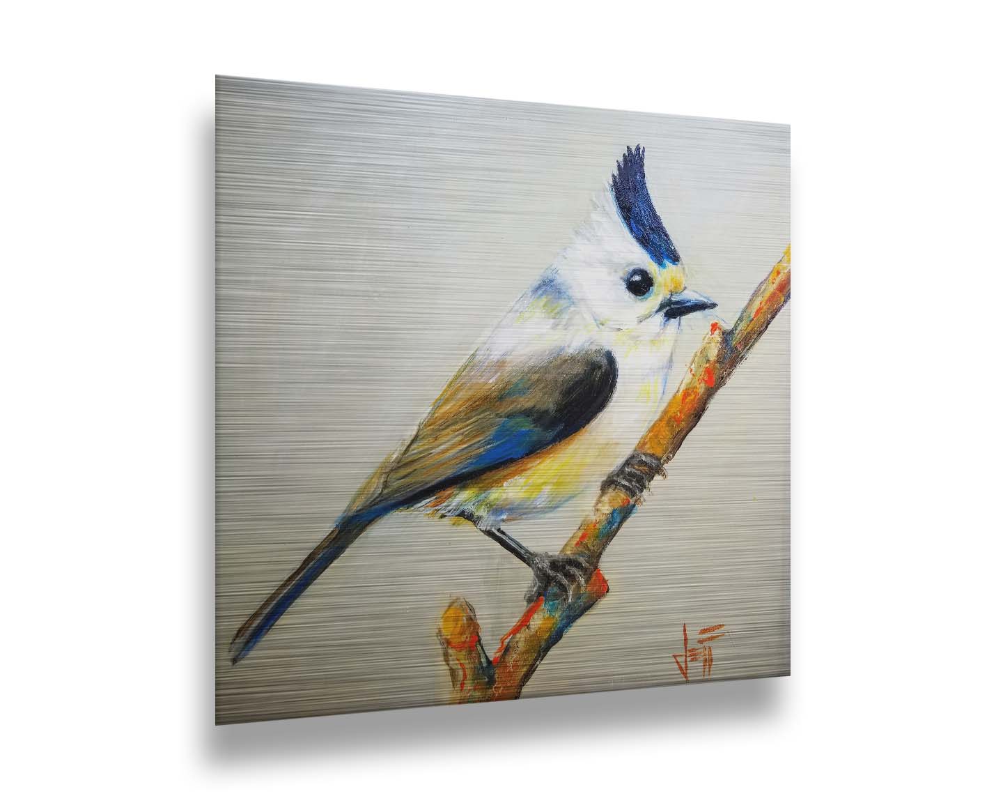 A painting of a titmouse bird with white, yellow, and gray feathers accented with blue perched on a stick, set against an off-white background. Printed on metal.