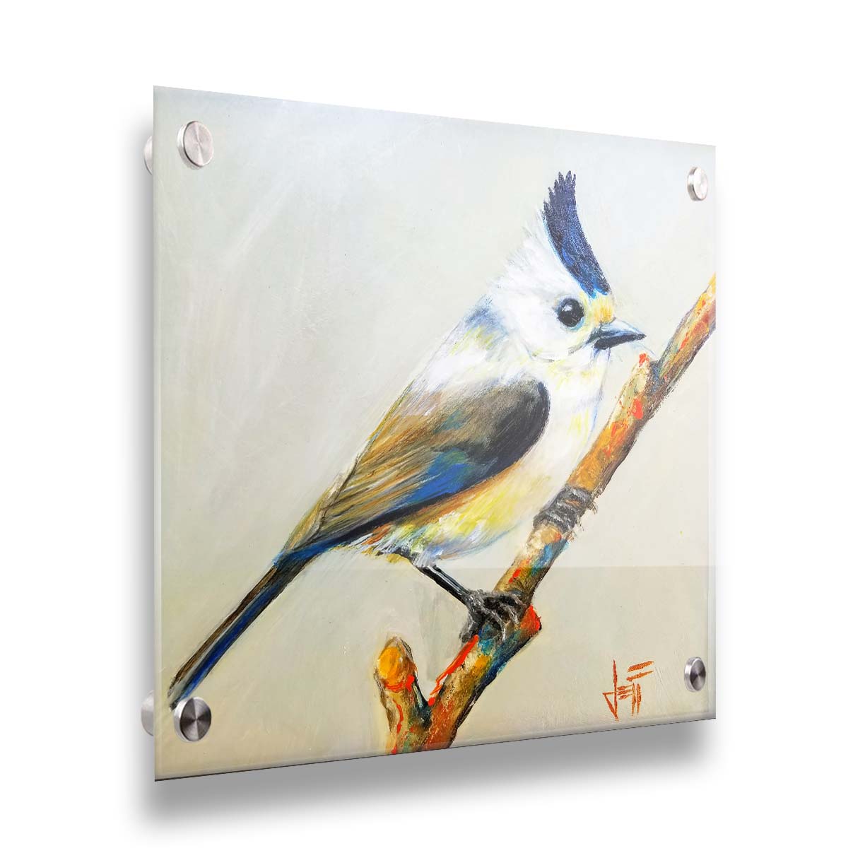 A painting of a titmouse bird with white, yellow, and gray feathers accented with blue perched on a stick, set against an off-white background. Printed on acrylic.