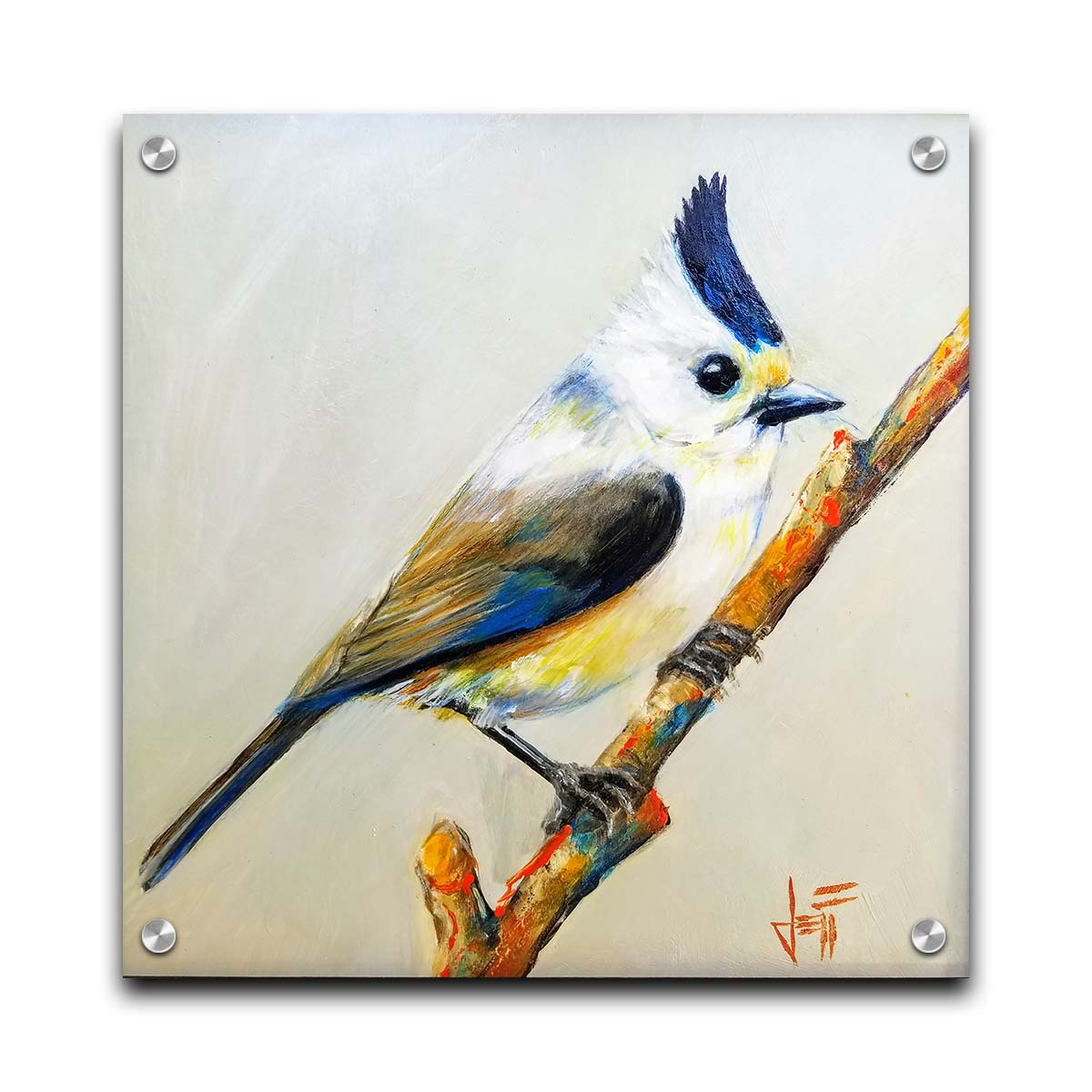 A painting of a titmouse bird with white, yellow, and gray feathers accented with blue perched on a stick, set against an off-white background. Printed on acrylic.