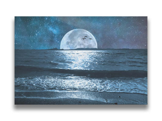 A full moon over the horizon of a calm, dark sea during a starry night. Printed on canvas.