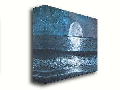 A full moon over the horizon of a calm, dark sea during a starry night. Printed on canvas.