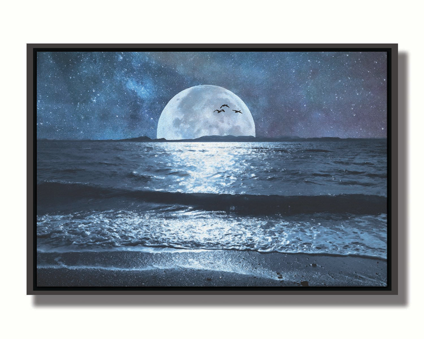 A full moon over the horizon of a calm, dark sea during a starry night. Printed on canvas in a float frame.