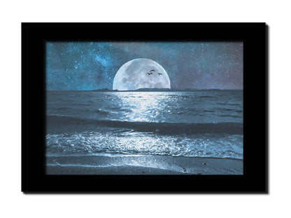 A full moon over the horizon of a calm, dark sea during a starry night. Printed on canvas and framed.