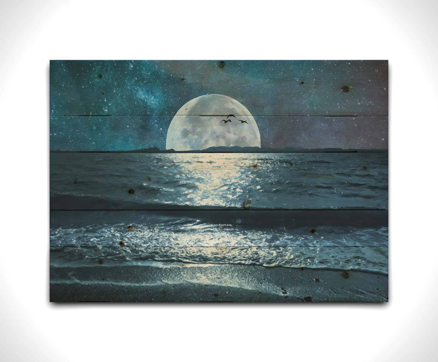 A full moon over the horizon of a calm, dark sea during a starry night. Printed on a wood pallet.