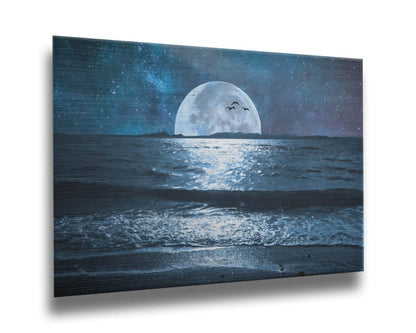 A full moon over the horizon of a calm, dark sea during a starry night. Printed on metal.