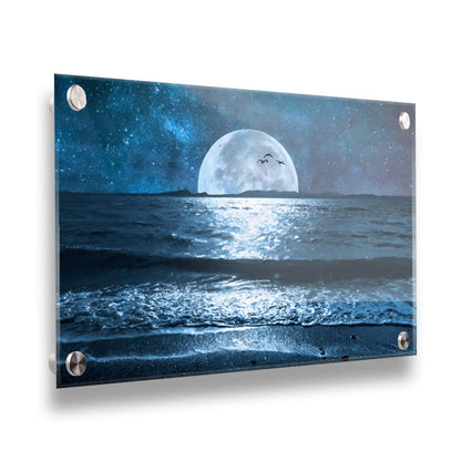 A full moon over the horizon of a calm, dark sea during a starry night. Printed on acrylic.