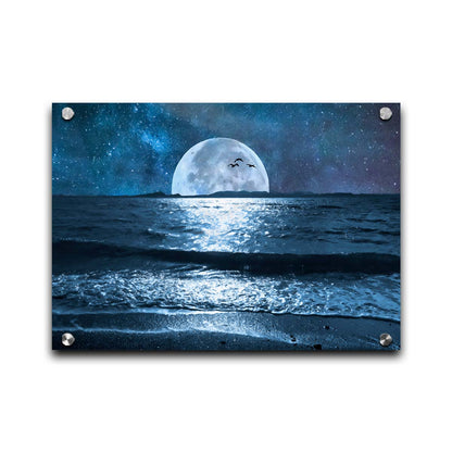 A full moon over the horizon of a calm, dark sea during a starry night. Printed on acrylic.