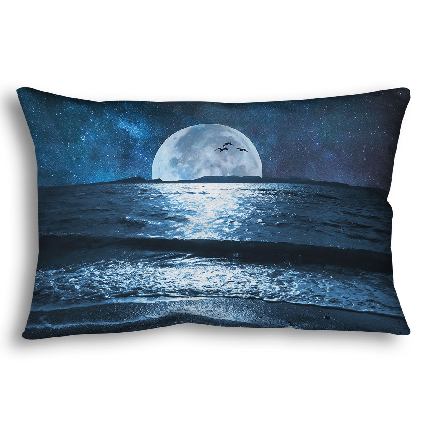 A throw pillow designed with a photo of a full moon over the horizon of a calm, dark sea during a starry night.