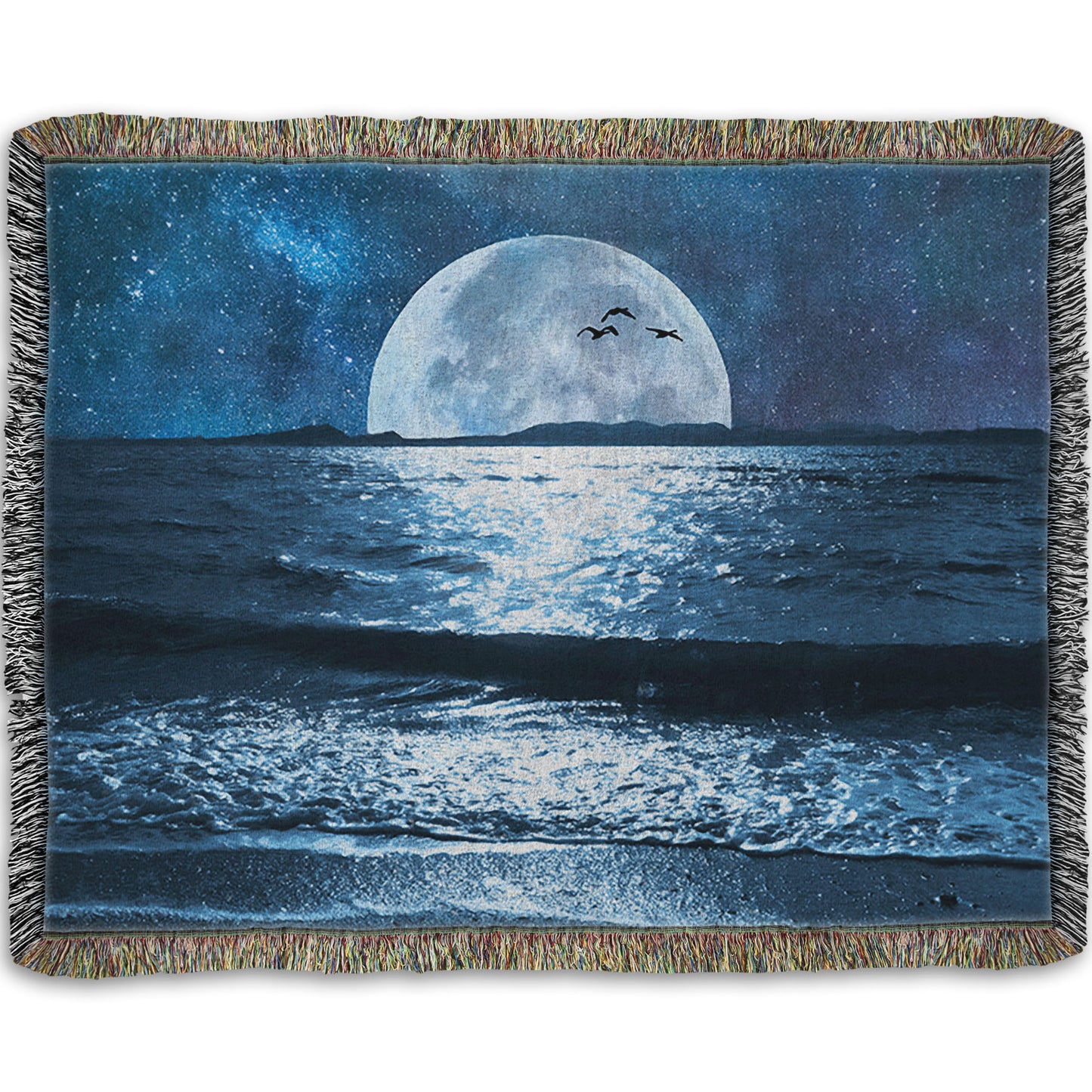 A woven throw blanket designed with a photo of a full moon over the horizon of a calm, dark sea during a starry night.