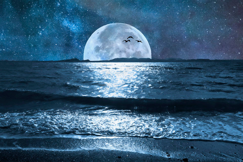 A full moon over the horizon of a calm, dark sea during a starry night.